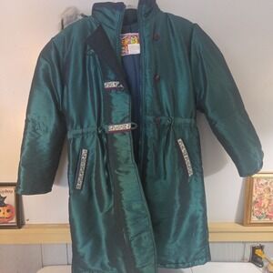 Vintage Y2K Paramount Kids Insulated Girls Puffer Jacket Green Sheen Floral Fur